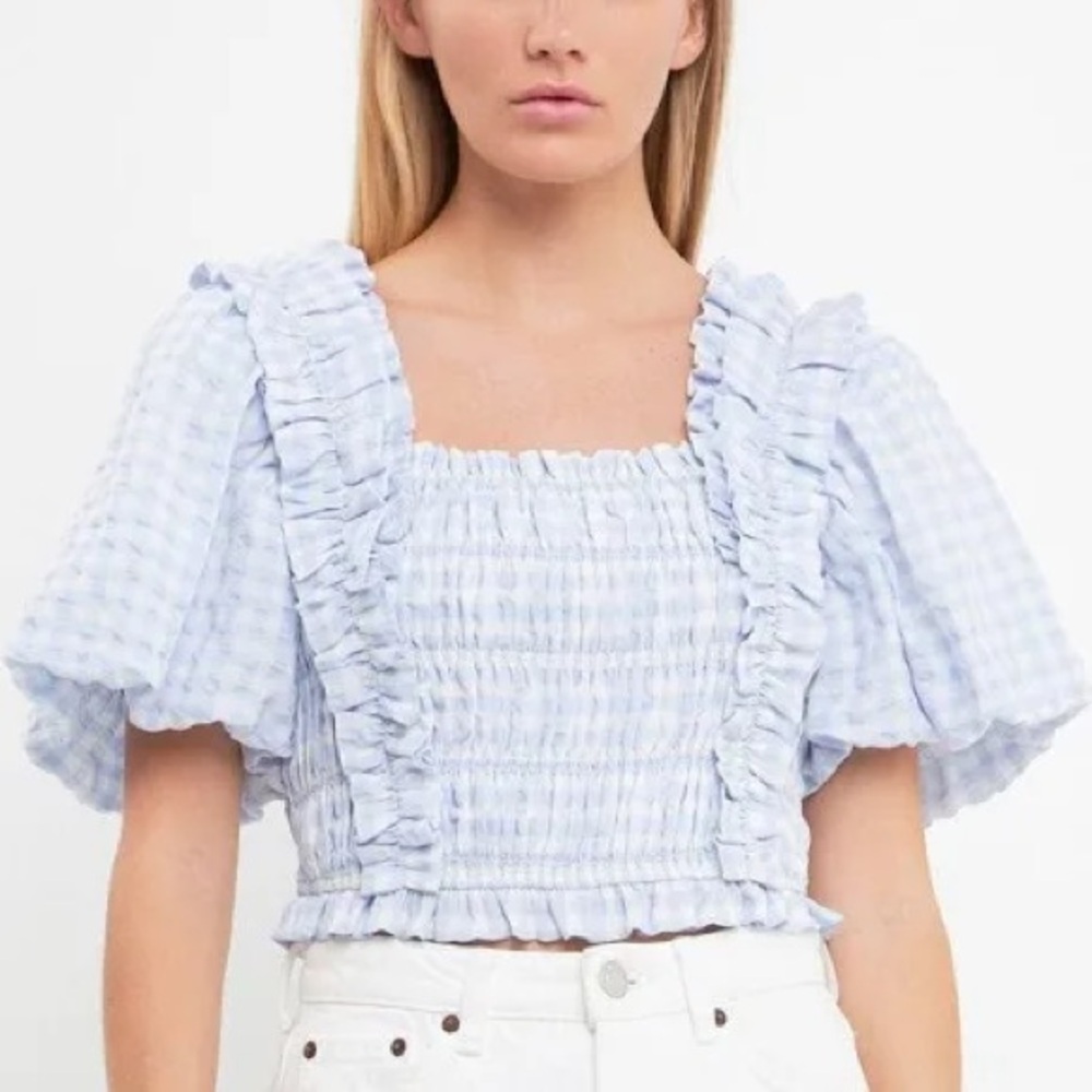 English Factory Light Blue Gingham Smocked Ruffle Crop Top